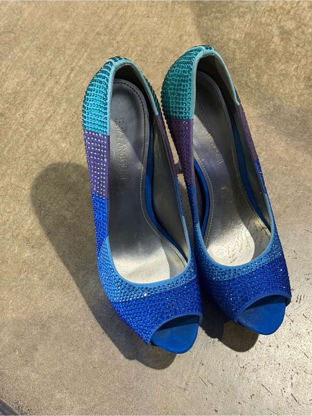Enzo Angiolini Blue Teal Purple Rhinestone Peep-Toe Heels